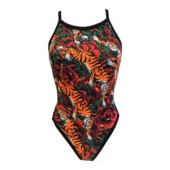 Turbo Tiger Roses Damen Badeanzug Thin Strap Schwarz/orange