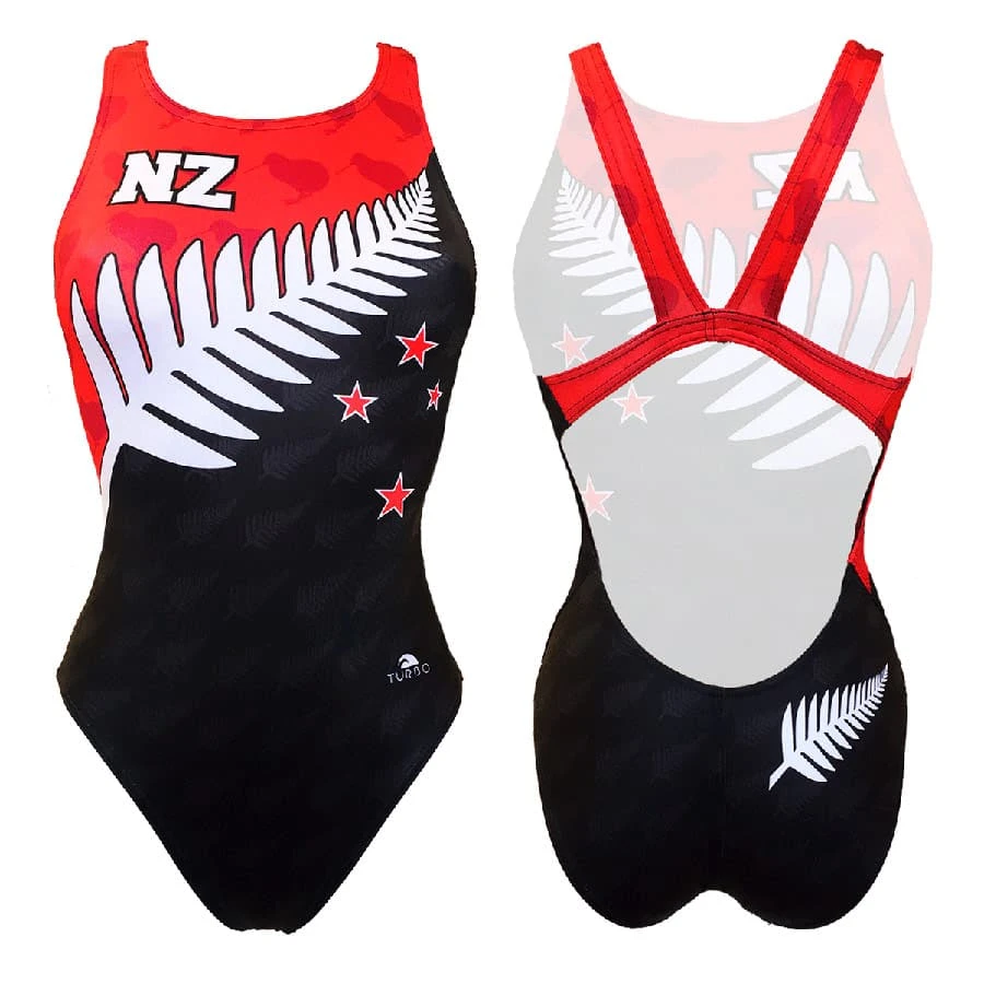 Turbo NZ Flag Damen Badeanzug Wide Strap Schwarz/weiß/rot
